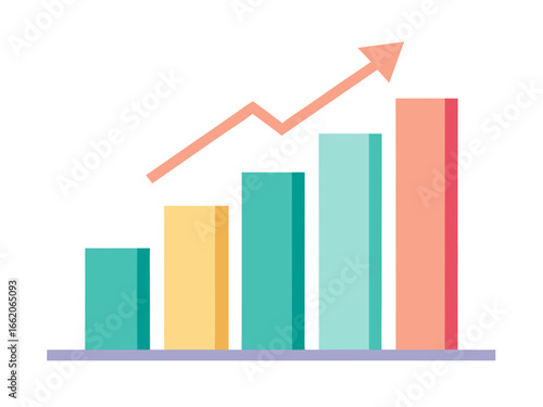 Flat design bar graph with upward trending arrow and increasing bars