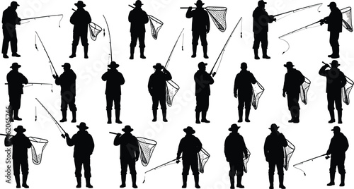Fishing silhouettes collection, fisherman poses, casting rod, holding net, outdoor hobby, angler activity, vector illustration, sport fishing, silhouette art, leisure concept