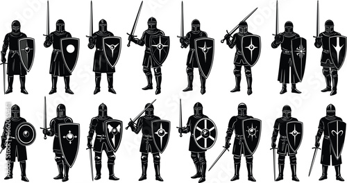 Medieval knight silhouettes, armored warriors, sword and shield, heraldic designs, historical soldiers, vector illustration, battle stance, chivalry concept, black silhouette art, defense icon