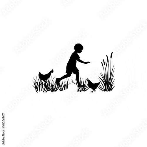  Farmer child chasing chicken in yard silhouette on white background