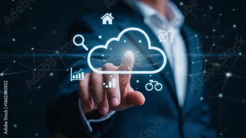 A businessman in a suit interacts with a glowing digital interface, touching a central cloud computing icon to access a network of interconnected data services