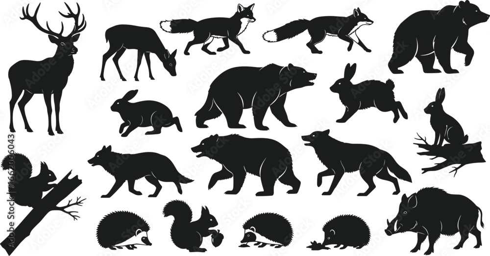 Naklejka premium Woodland animal silhouettes, deer fox bear, rabbit squirrel boar, hedgehog wolf, forest wildlife, nature art, vector illustration, wild habitat, animal icon, fauna design