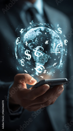 Businessman holding smartphone displaying glowing Earth with currency symbols swirling around it finance