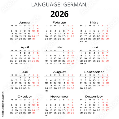 2026 Jahreskalender in deutscher Sprache, minimalistisches Design, Monatsübersicht mit klarer Typografie, perfekt für Druck und digitale Nutzung