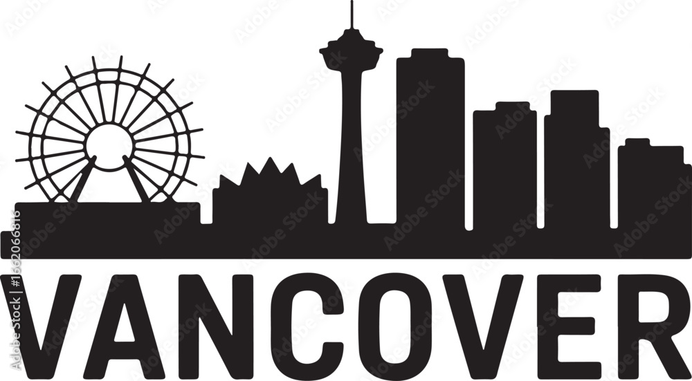 Naklejka premium Vancouver Skyline and Landmarks Silhouette | Black Vector Design on White Background, Minimal Style