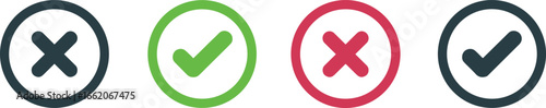 Checkmark and cross icon set, green red gray symbols, UI UX vector buttons, approval rejection signs, web interface clipart