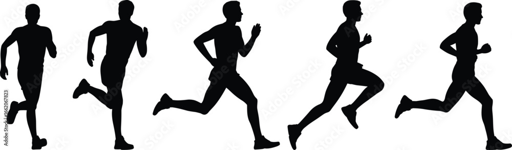 Obraz premium Running man silhouette set, athlete motion vector, fitness training clipart, black runner icons, sports activity illustration, jogging exercise graphic
