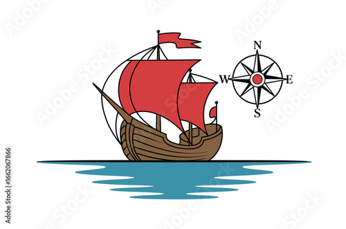 Cartoon Illustration of a Majestic Sailing Ship on Sunny Seas