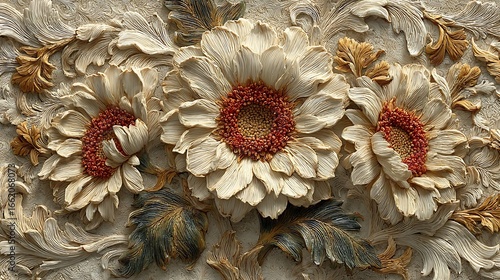 Textured floral relief featuring bold sunflower blooms high resolution picture