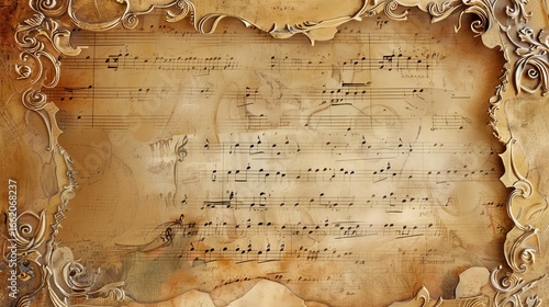  Vintage Music Sheet with Ornate Golden Frame for Background Texture