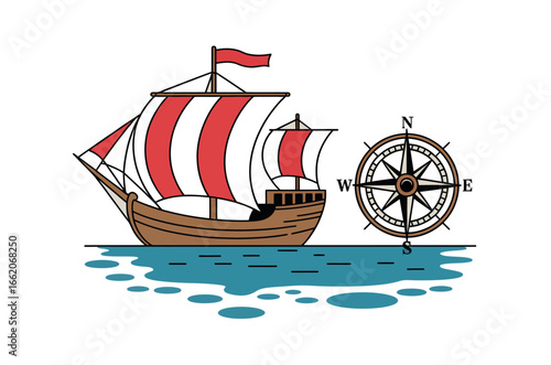 Cartoon Illustration of a Majestic Sailing Ship on Sunny Seas