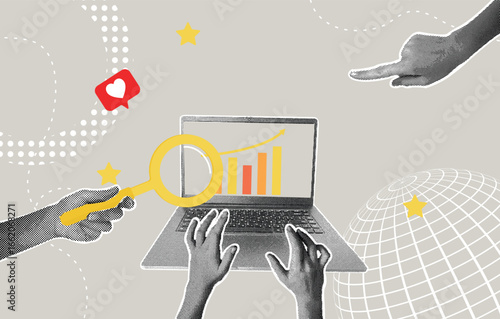 Modern halftone collage vector illustration of financial analytics with computer laptop, pie chart, business data, market share, investment strategy, and finance growth concept
