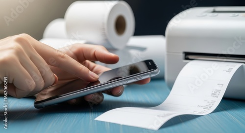 Close-up of hand using smartphone with portable printer and receipt paper rolls