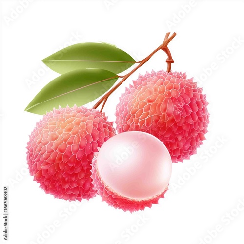 Litchi Fruit: A luscious trio of ripe litchi fruits, bursting with juicy sweetness and tropical charm, sit with their vibrant leaves, a visual feast for the senses.