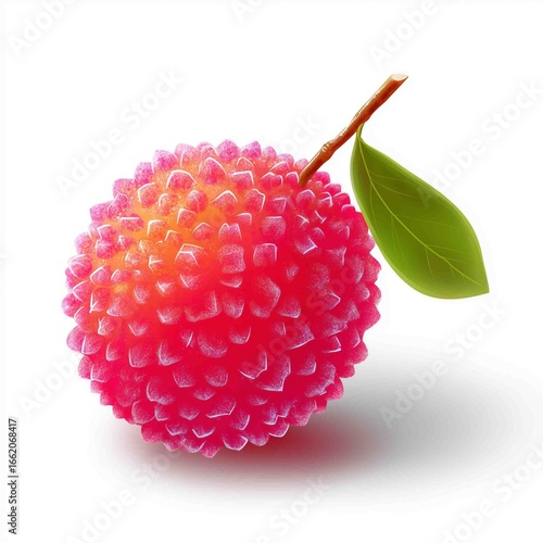 The Temptation of Lychee: A single, vibrantly textured lychee, perched gracefully with a green leaf, entices the viewer, exuding freshness, ripeness, and the allure of tropical sweetness.