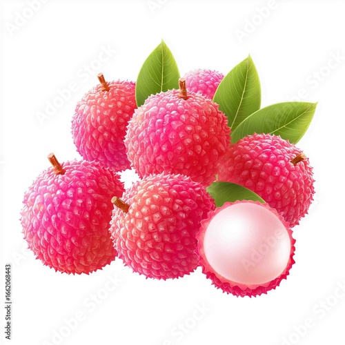 Lychee Display: A vivid illustration showcasing a group of freshly picked lychees, their textured pink exteriors contrasting with the smooth, inviting pulp of one.