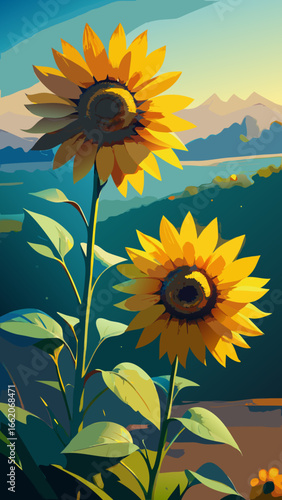 Yellow sunflowers turn their bright blossoms toward the summer sun, a golden field under a blue sky