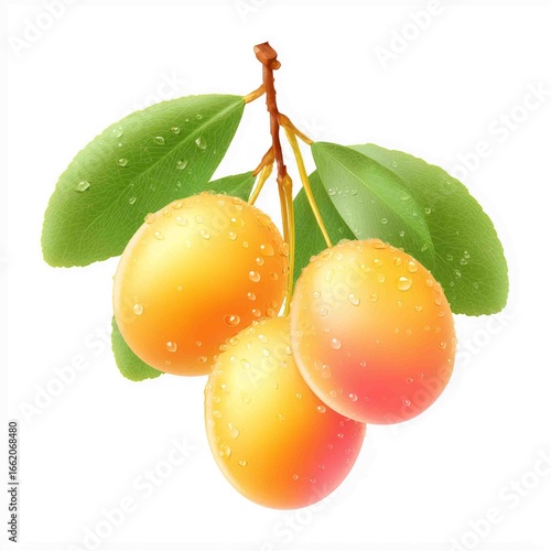 Golden Plums Delight: A close-up view showcases a cluster of ripe plums, their golden skins glistening with morning dew, attached to a leafy branch, evoking freshness and the bounty of nature.