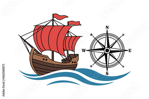 Cartoon Illustration of a Majestic Sailing Ship on Sunny Seas