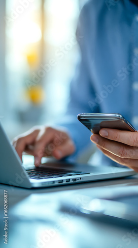 Close up of a person holding a smartphone while typing on a laptop with blurred background adult male