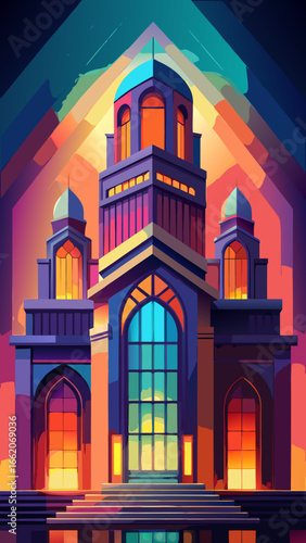 A medieval Gothic cathedral in Europe with a towering facade and an illuminated entrance, reminiscent of Warsaw's city hall, stands as an ancient stone landmark at night