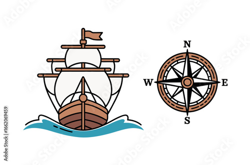 Cartoon Illustration of a Majestic Sailing Ship on Sunny Seas