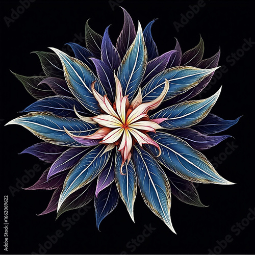 sketch, vibrant blossom, mandala style, geometric petals, pastel drawing, artistic creativity, symmetrical design