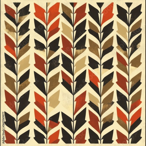  Geometric stylized botanical leaf pattern with earth tones and black