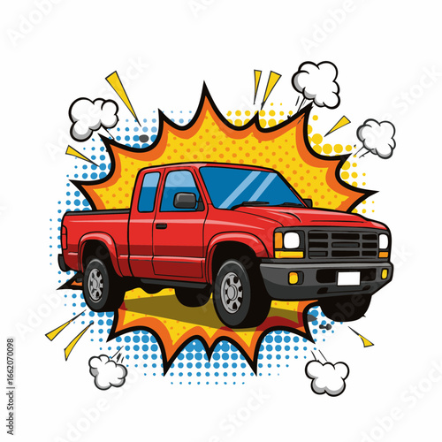 Red pickup truck in pop art style with explosive background  