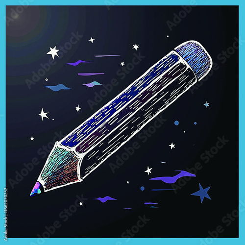 galaxy theme, night sky, hand-drawn style, artistic concept, space-inspired design, glowing pencil, fantasy artwork, surreal art, 