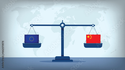 Balance Scale with EU vs CHINA Flags , International Relations and Global Trade Concept Vector