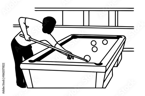 A person playing a game of billiards on a green felt pool table with cues and balls, black and white illustration