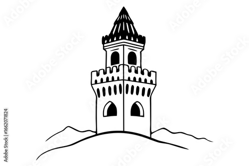 Iconic black and white drawing of a medieval fantasy tower on a hilltop. Simple line art illustration representing history, security, and fairytale castles.