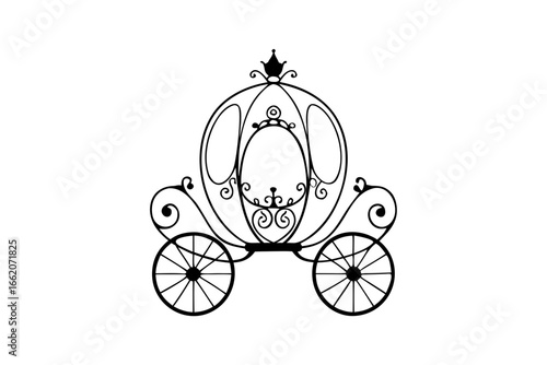 Elegant vintage royal carriage with crown and ornate scrollwork. Black silhouette vector illustration for fairytale wedding or princess theme.