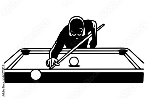 Silhouette of a person playing billiards on a pool table, aiming to strike the cue ball with precision and focus for a perfect shot.