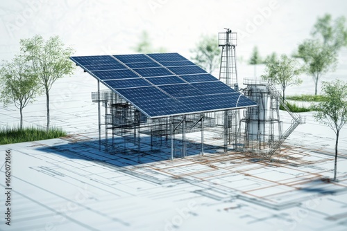 Blueprint layout of a solar array powering rural water pump with inverter, piping, and battery storage units. White background.