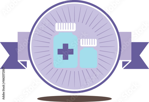 Light blue medicine bottles with purple cross and ribbon emblem pills health.
