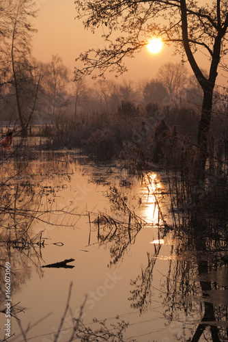 Sonnenaufgang am Silbergraben in Potsdam Drewitz bei Frost im Winter