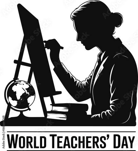 Silhouette of a teacher drawing on a board with a globe and books vector.