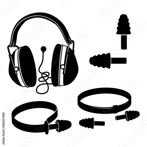Noise cancelling headphones and earplugs for hearing protection black and white vector graphic design
