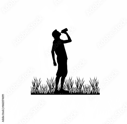 Farmer drinking water from metal cup, resting in field silhouette on white background
