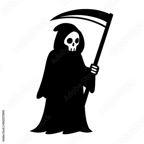 Grim Reaper illustration with black cloak skull face and scythe spooky Halloween symbol