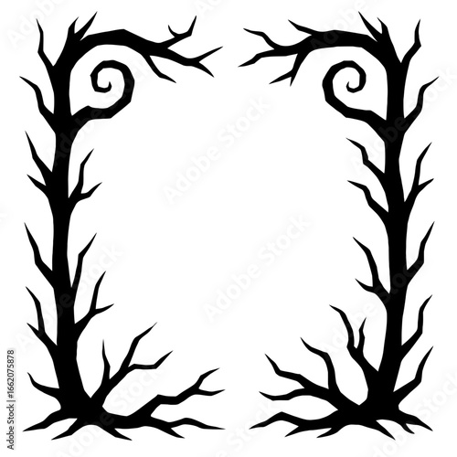 Spooky frame made of twisted black tree branches, creepy Halloween gothic illustration
