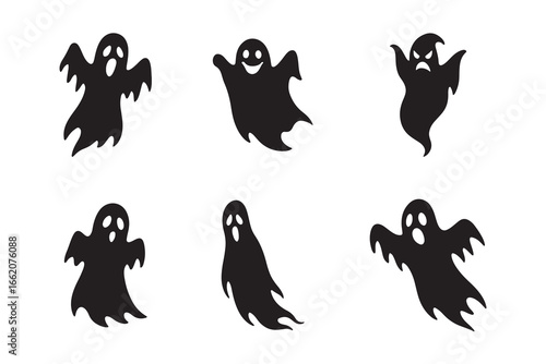 set of playful halloween ghosts with different expressions on white background