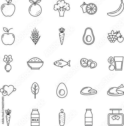 Healthy food nutrition line icons set, fruits, vegetables, grains, fish, dairy, balanced diet, vitamins, minerals, organic eating, wellness lifestyle, meal planning