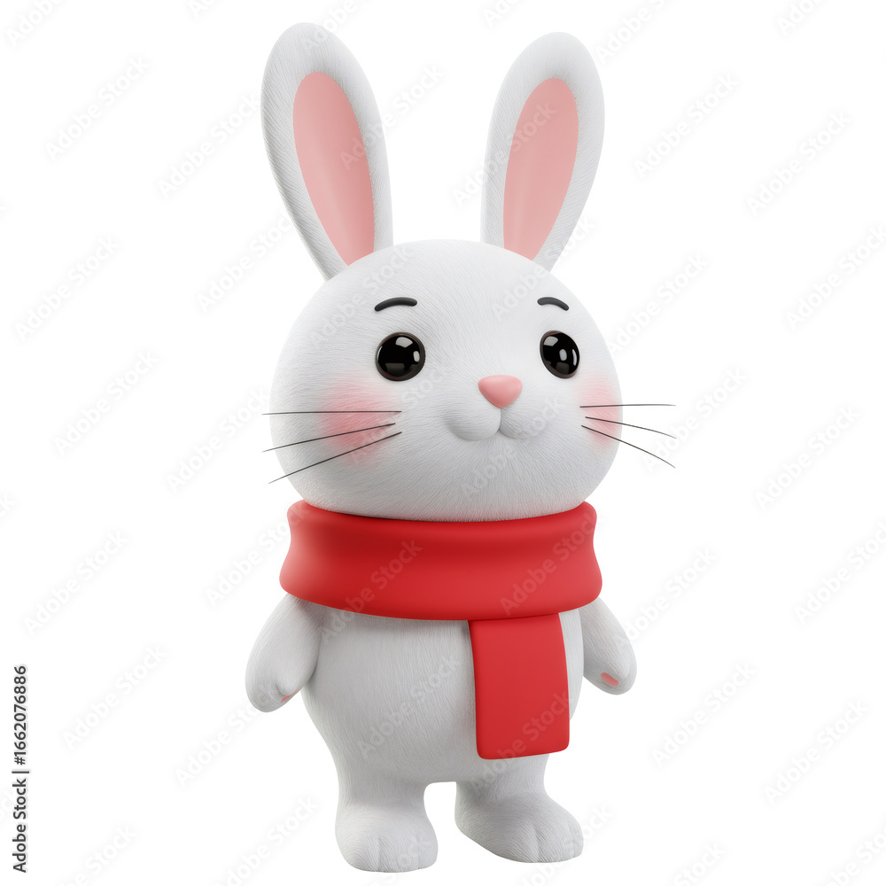 Obraz premium Cute Fluffy White Cartoon Bunny Wearing a Red Scarf