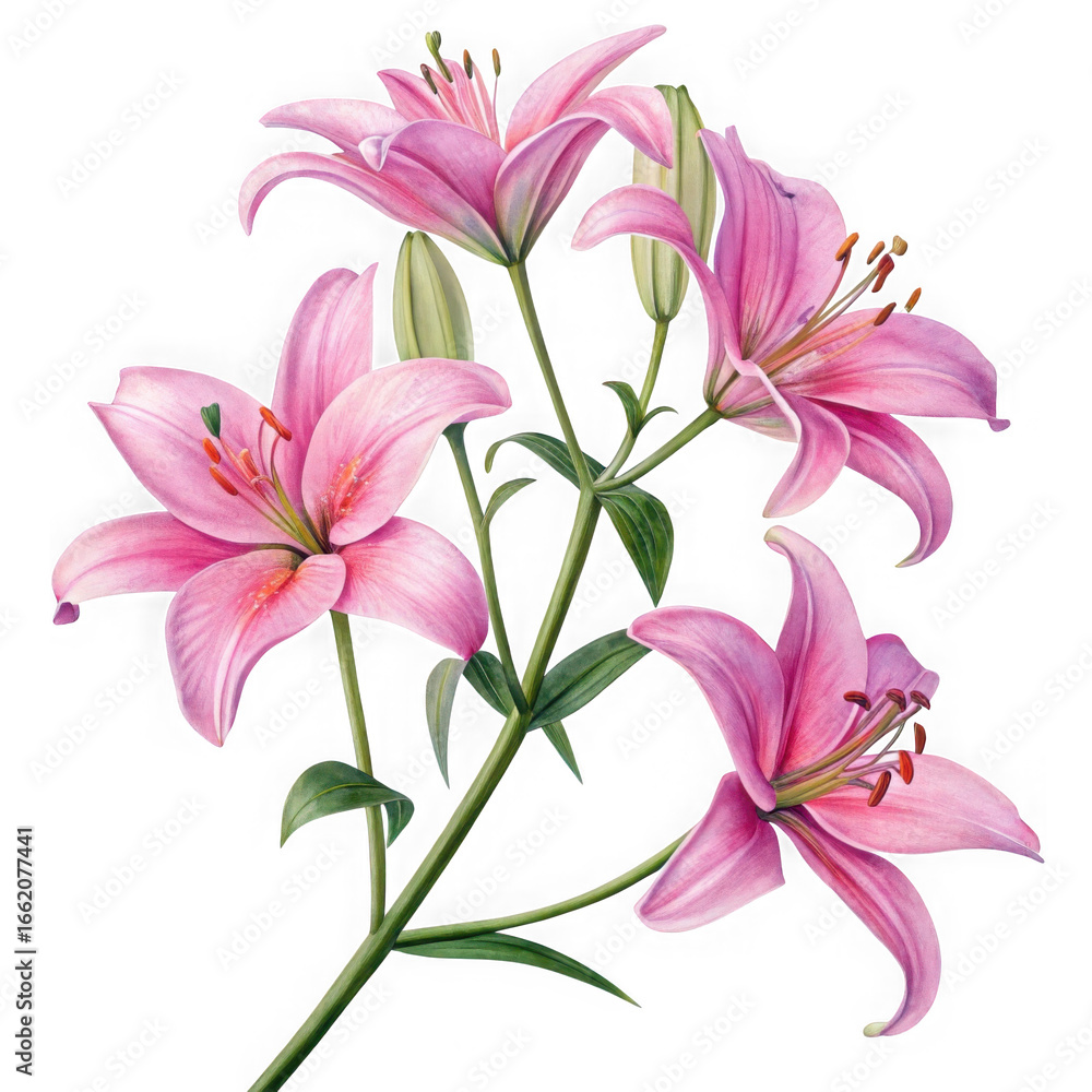 Fototapeta premium Delicate pink lily flowers blooming on a sturdy green stem isolated on transparent background
