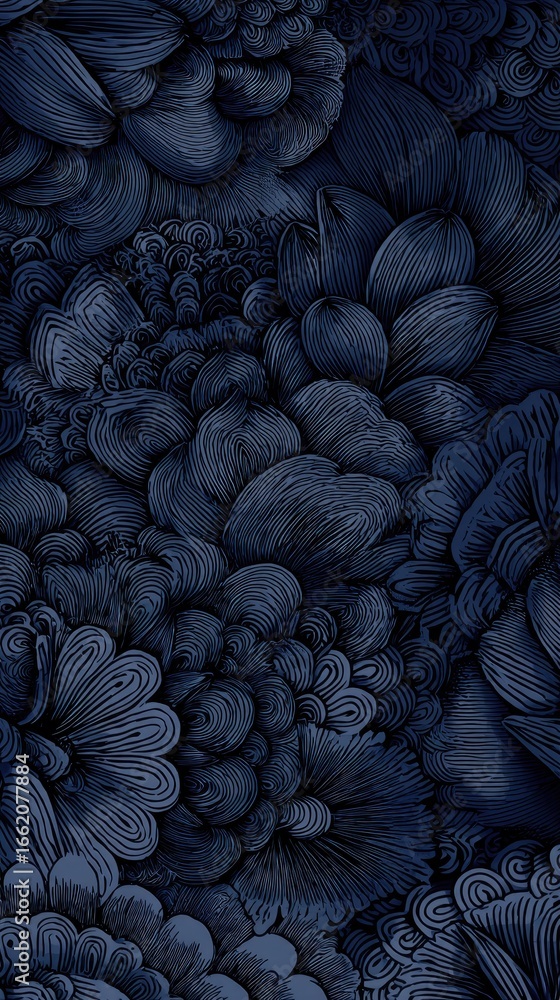 Fototapeta premium A dense, monochromatic floral pattern in deep indigo hues, featuring stylized blossoms with textured, brush-stroke-like petals creating a rich, layered effect
