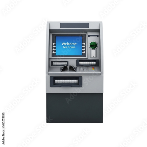 Modern atm machine with bright blue screen and card slot ready for transactions transparent background