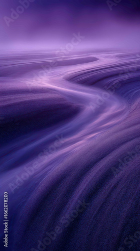 Winding river flows through soft lavender hills at twilight illuminating the tranquil beauty of nature's palette